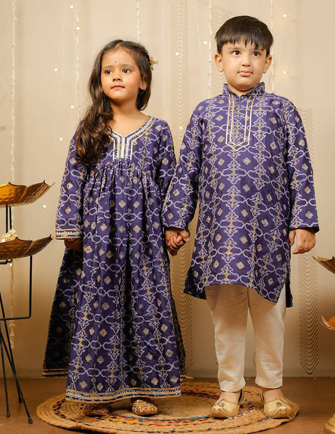 Blue And Off White Block Printed Kurta Pyjama Set