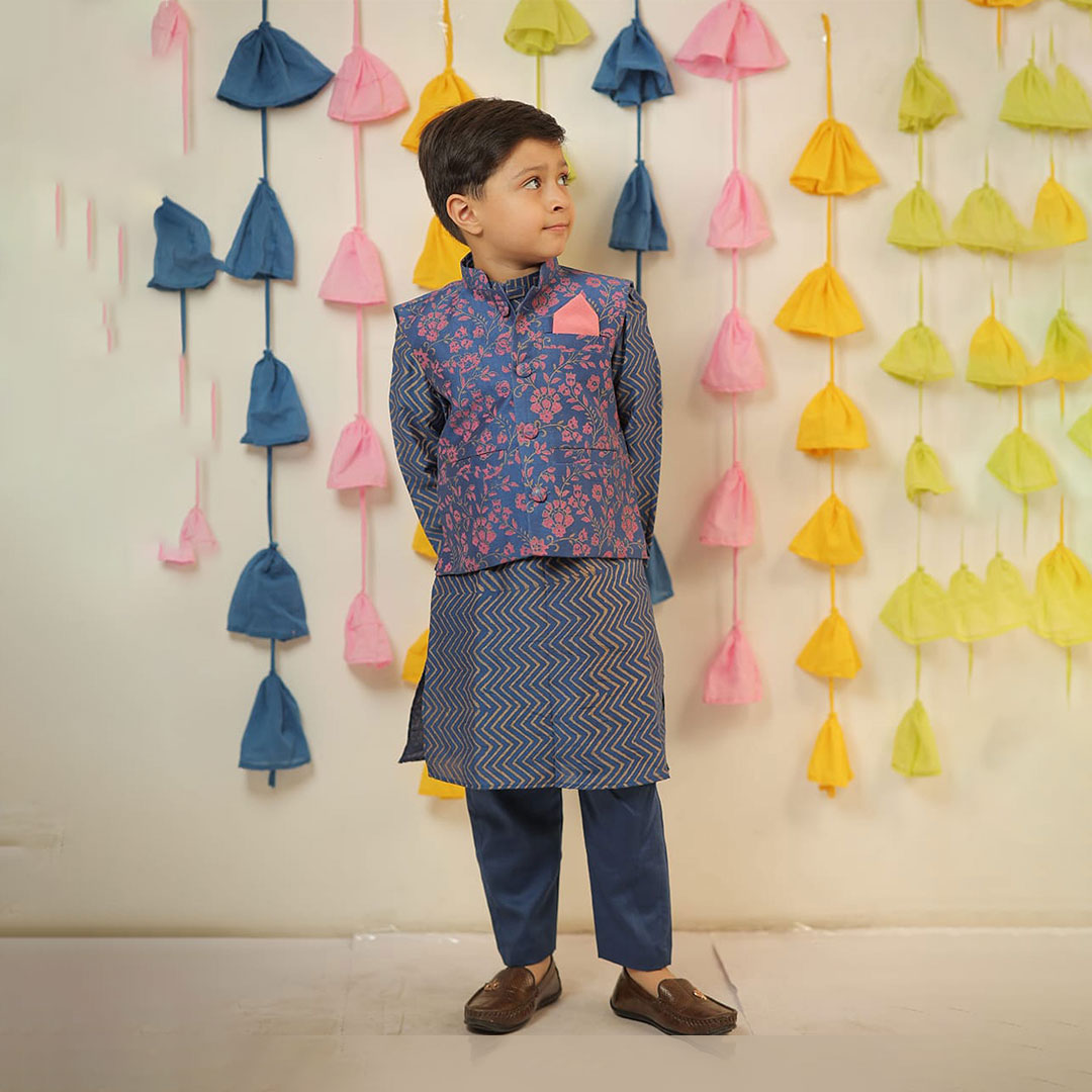 Blue Block Printed Kurta With Jacket Chanderi and Pant Cotton Silk