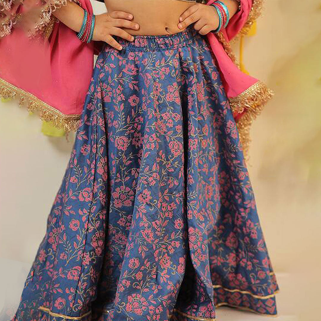 Blue Block Printed Lehenga Set