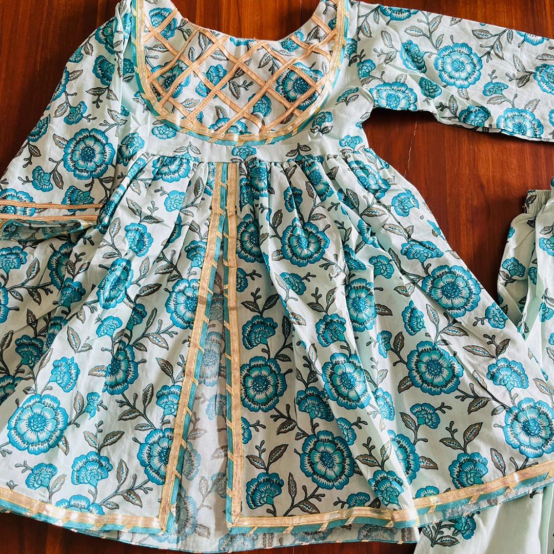 Blue Floral Print Sharara Set with Gota Detailing & Dupatta for Girls