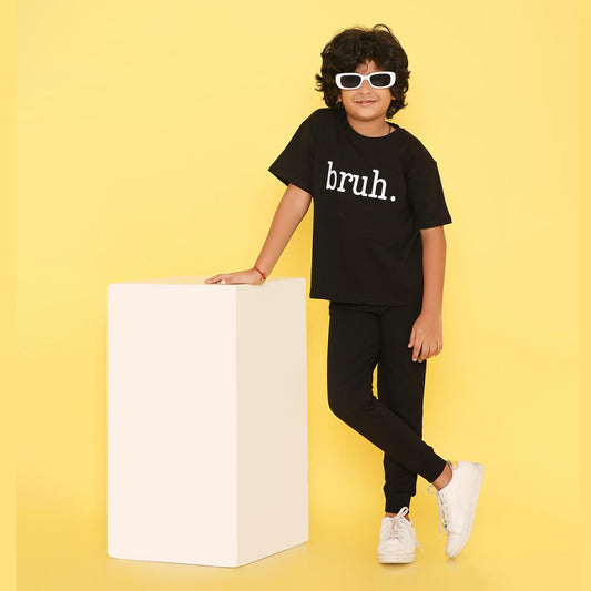 Boys Black Bruh Printed Terry Jogger Set