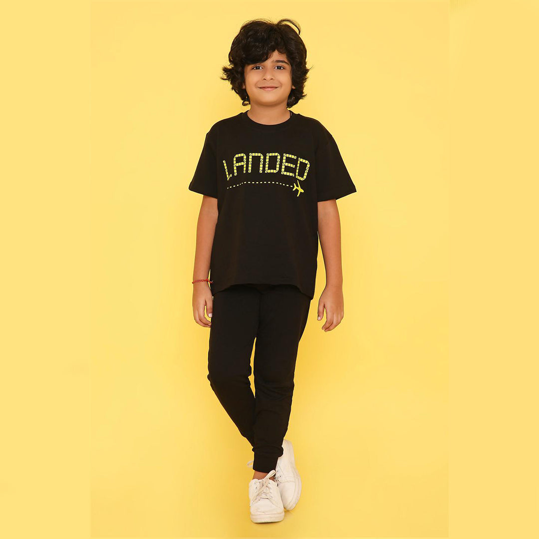 Boys Black Landed Printed Terry Jogger Set