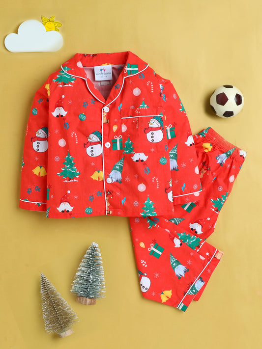 Unisex Christmas Print Nightsuit - Red