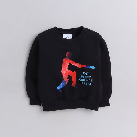 Full Sleeves Cricket Printed Warm Fleece Sweatshirt - Black