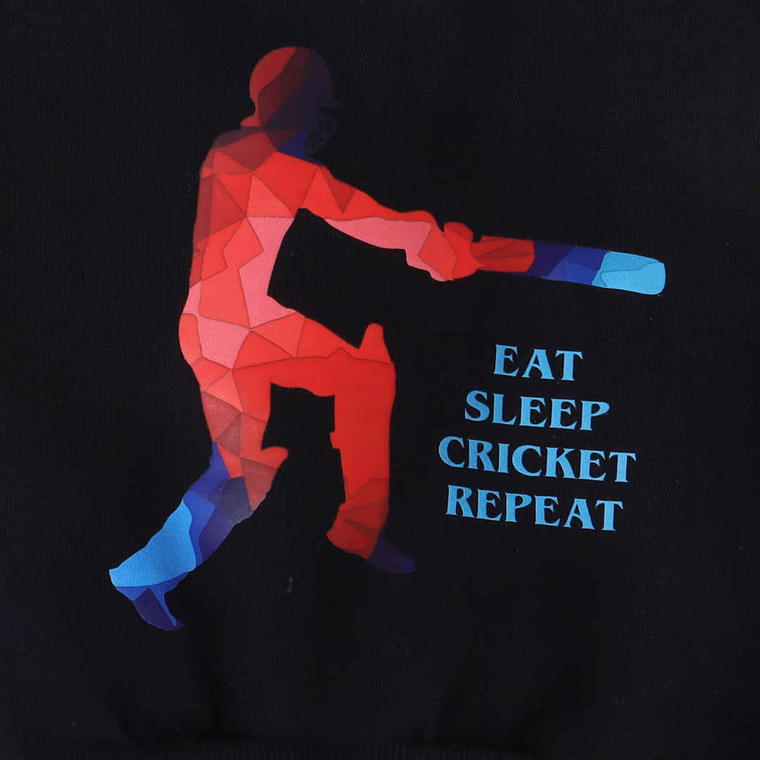 Full Sleeves Cricket Printed Warm Fleece Sweatshirt - Black