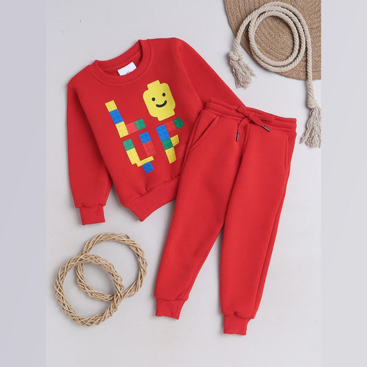 Unisex Full Sleeves Lego Puzzle Printed Warm Fleece Joggers Set - Red