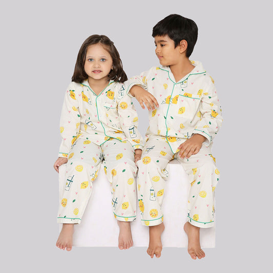 Unisex Full Sleeves Lemons And Lemonade Print Nightsuit - Yellow
