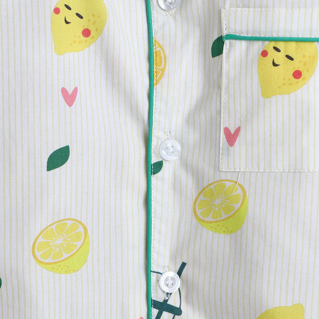 Unisex Full Sleeves Lemons And Lemonade Print Nightsuit - Yellow