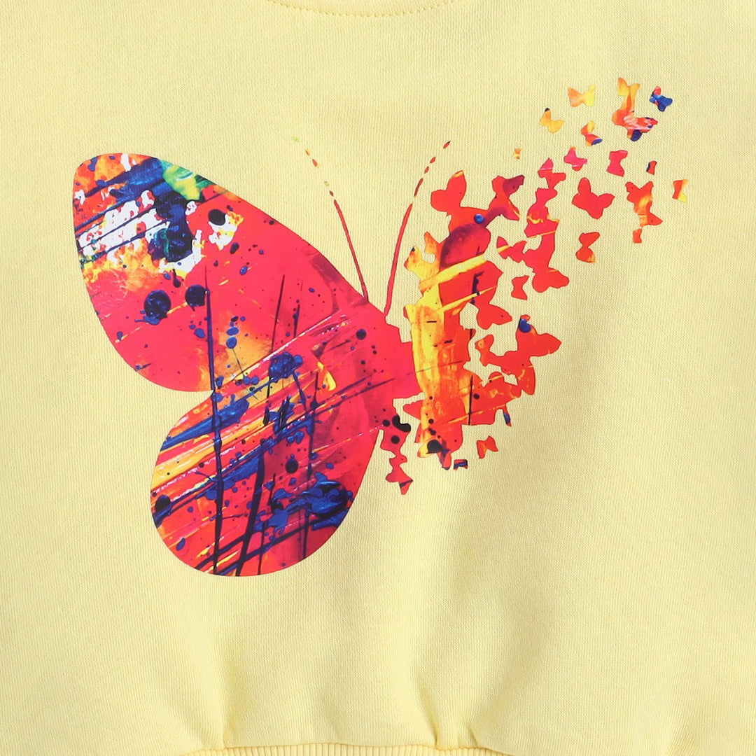Full Sleeves Placement Butterfly Printed Warm Fleece Joggers Set - Yellow