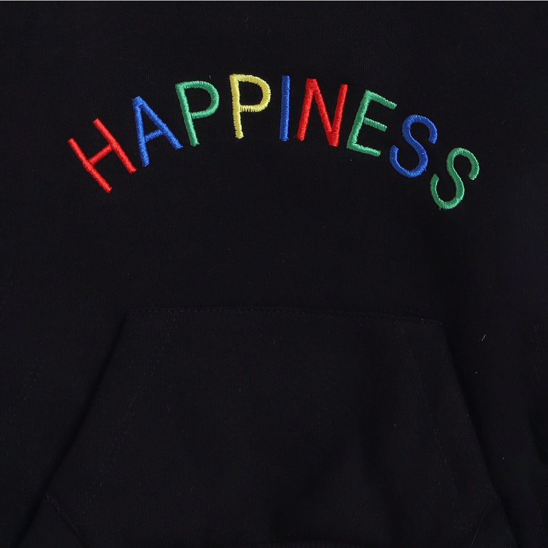 Unisex Full Sleeves Placement Happiness Text Embroidered Warm Fleece Sweatshirt - Black