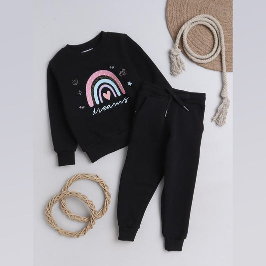 Unisex Full Sleeves Placement Rainbow Printed Warm Fleece Joggers Set - Black