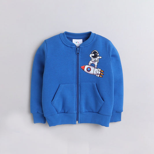 Full Sleeves Placement Rocket Printed Warm Fleece Sweatshirt - Blue