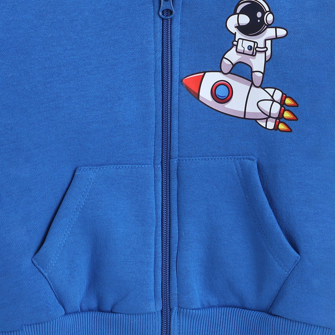 Full Sleeves Placement Rocket Printed Warm Fleece Sweatshirt - Blue