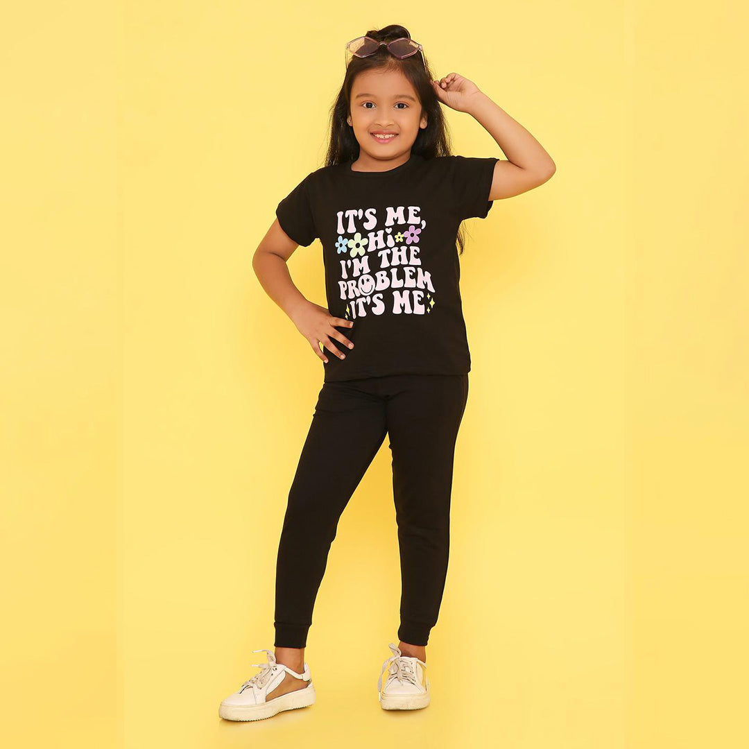 Girls Black Printed Terry Jogger Set