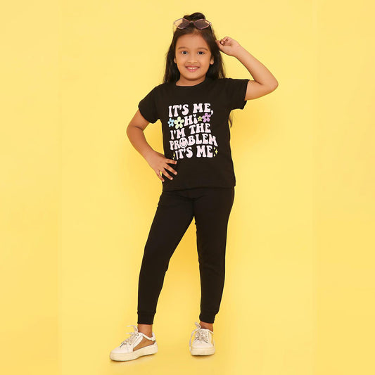 Girls Black Printed Terry Jogger Set