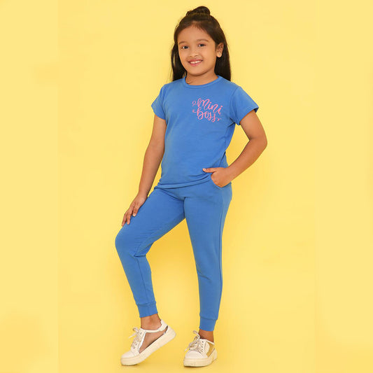 Girls Blue Mini Boss Printed Terry Jogger Set