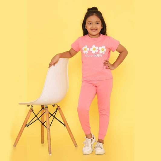 Girls Pink Flowers Printed Terry Jogger Set