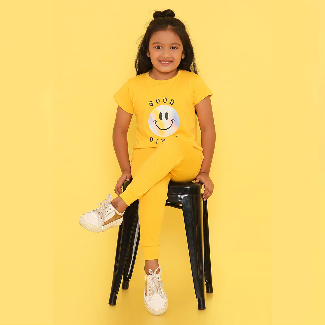 Girls Yellow Good Vibes Printed Terry Jogger Set