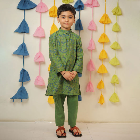 Green Block Printed Chanderi Kurta with Cotton Silk Pants for Kids
