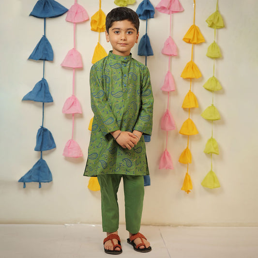 Green Block Printed Chanderi Kurta with Cotton Silk Pants