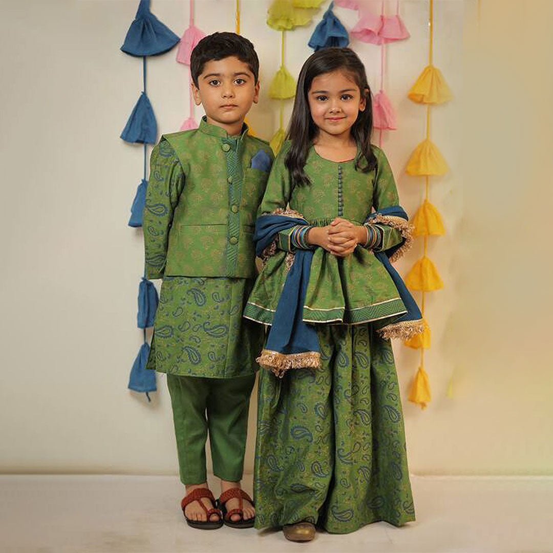 Green Block Printed Sharara With Dupatta