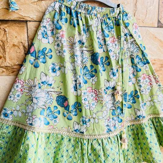 Green Floral Lehenga Paired Crop Top And Gota