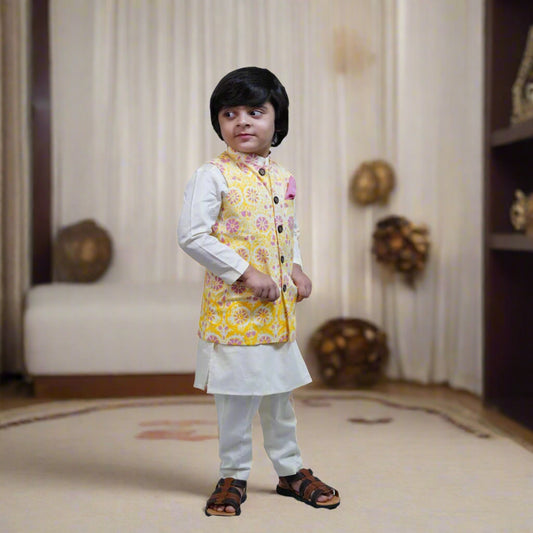 Ivory Glazed Cotton Kurta Pajama with Printed Bundi Jacket for Boys