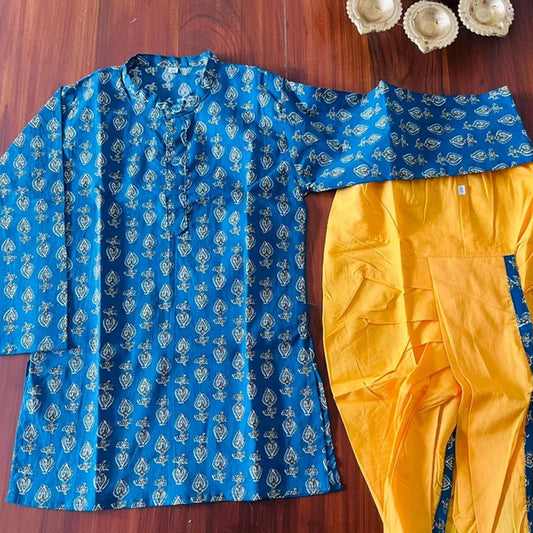 Blue Printed Cotton Kurta with Yellow Dhoti Set for Boys