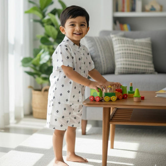 White Ikkat Co-ord Set for Boys – Handloom Fabric