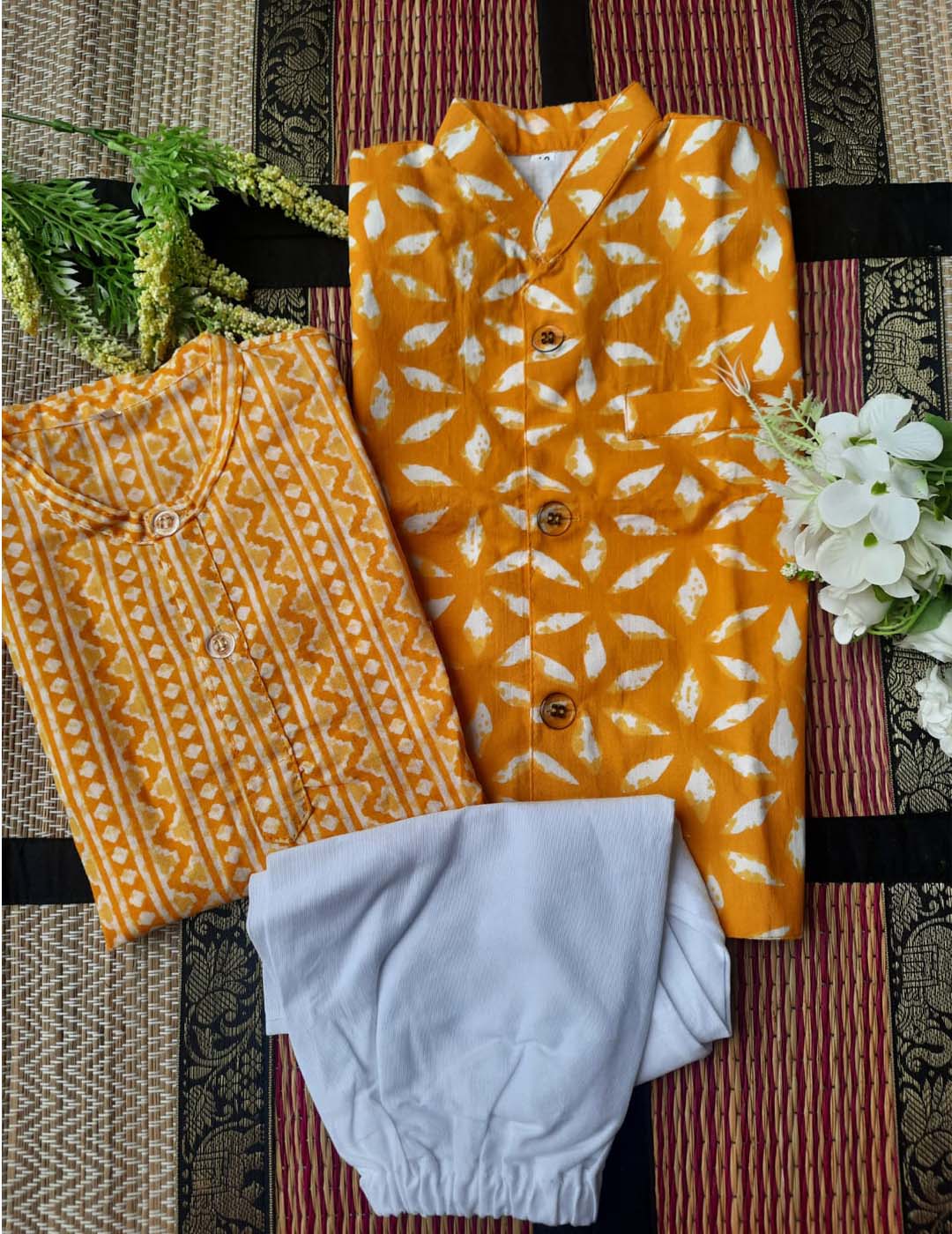 Mango Colour Kurta With Nehru Jacket And White Pyjama Krimakay