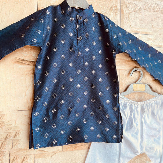Navy Blue Cotton Jacquard Kurta with White Pyjama for Boys