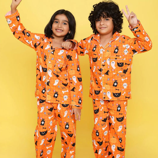Halloween Pumpkin and Ghosts Print Orange Nightsuit
