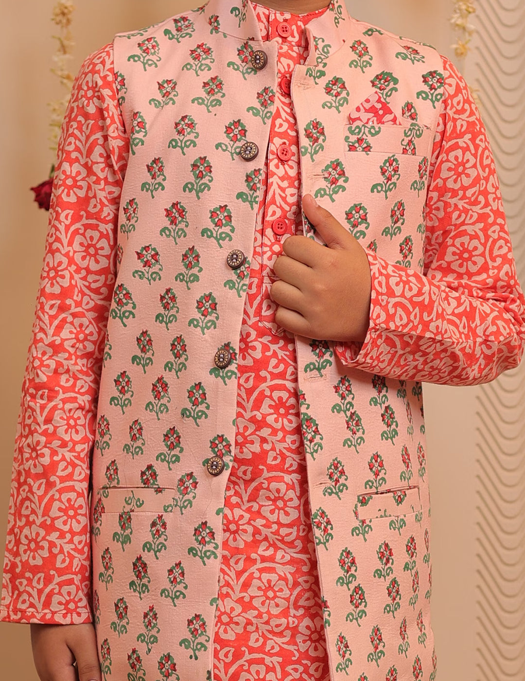 Orange, Peach And White Kurta Pyjama With Jacket Set