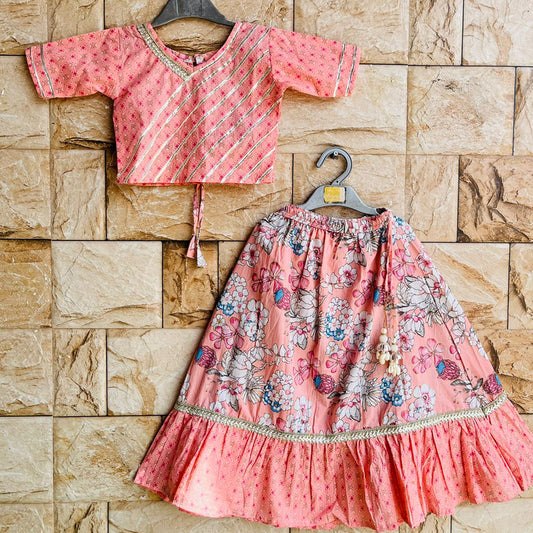 Peach Floral Cotton Lehenga with Crop Top and Gota Detailing for Girls