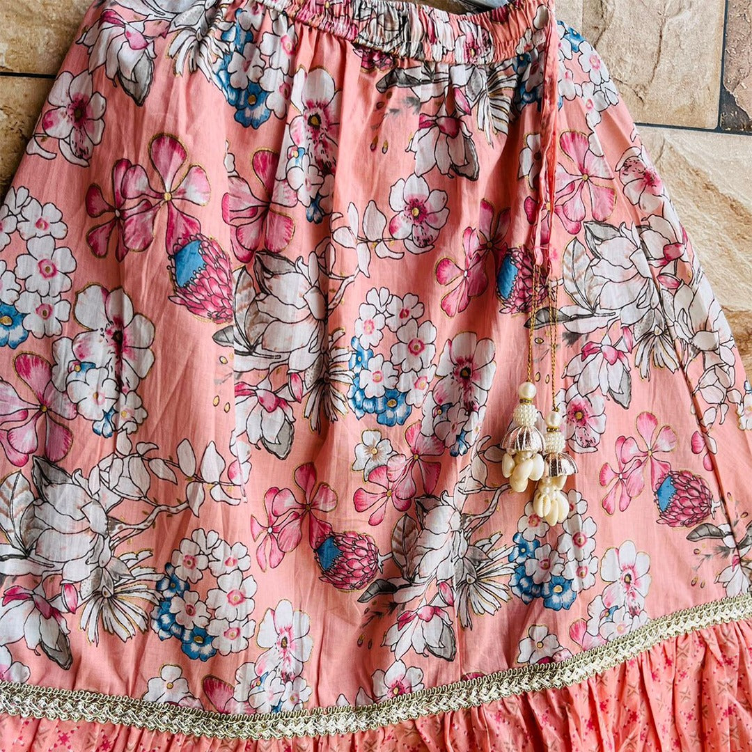 Peach Floral Cotton Lehenga with Crop Top & Gota Detailing for Girls
