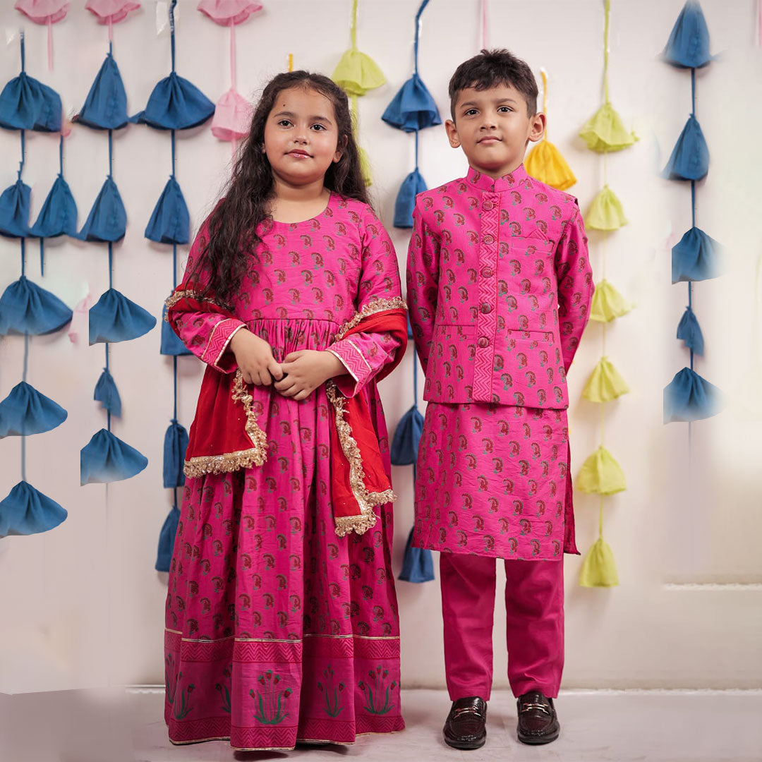Pink Block Printed Anarkali With Dupatta