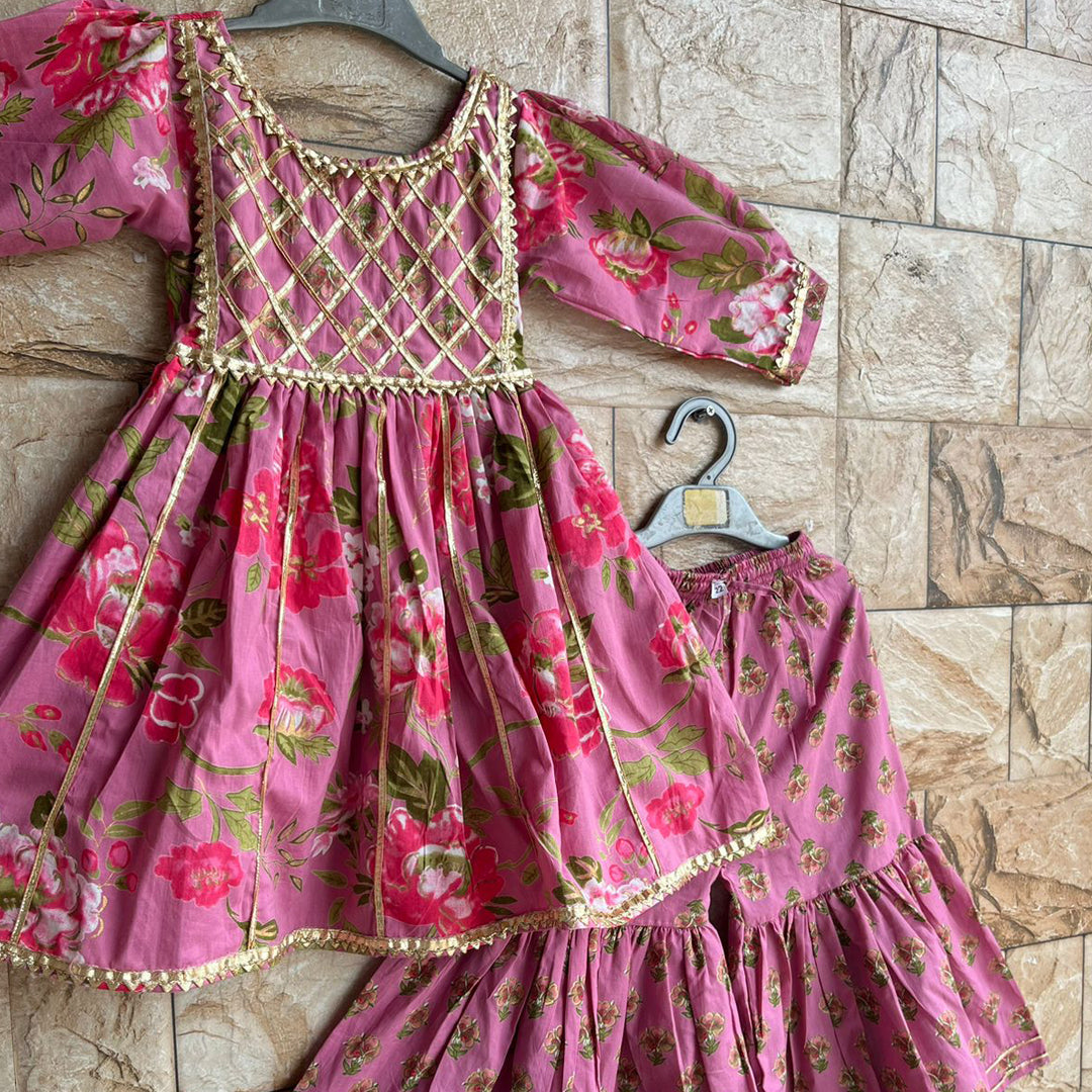 Pink Floral Sharara With Gota Detailing On Yoke