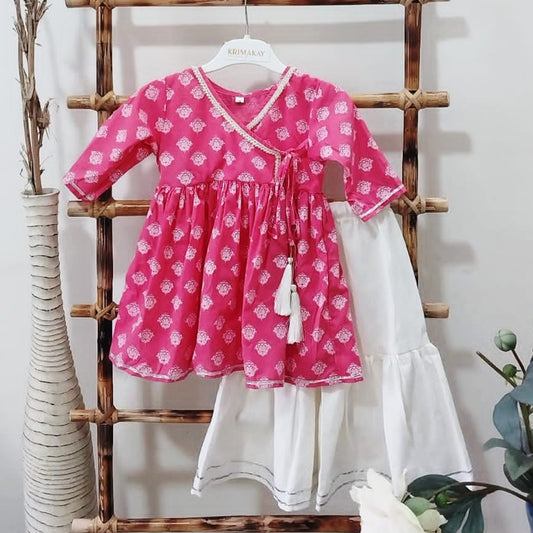 Pink Kurti With Pearl Lace Embellishment And White Sharara