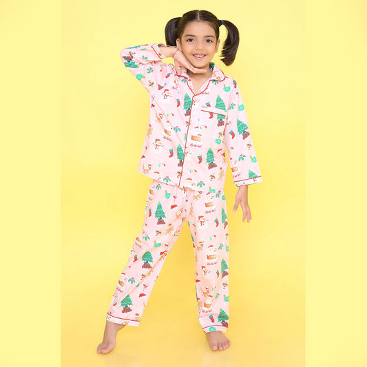 Pink Printed Christmas Nightsuit Set