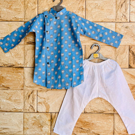 Powder Blue Lotus Print Cotton Kurta with Side Button Style for Boys