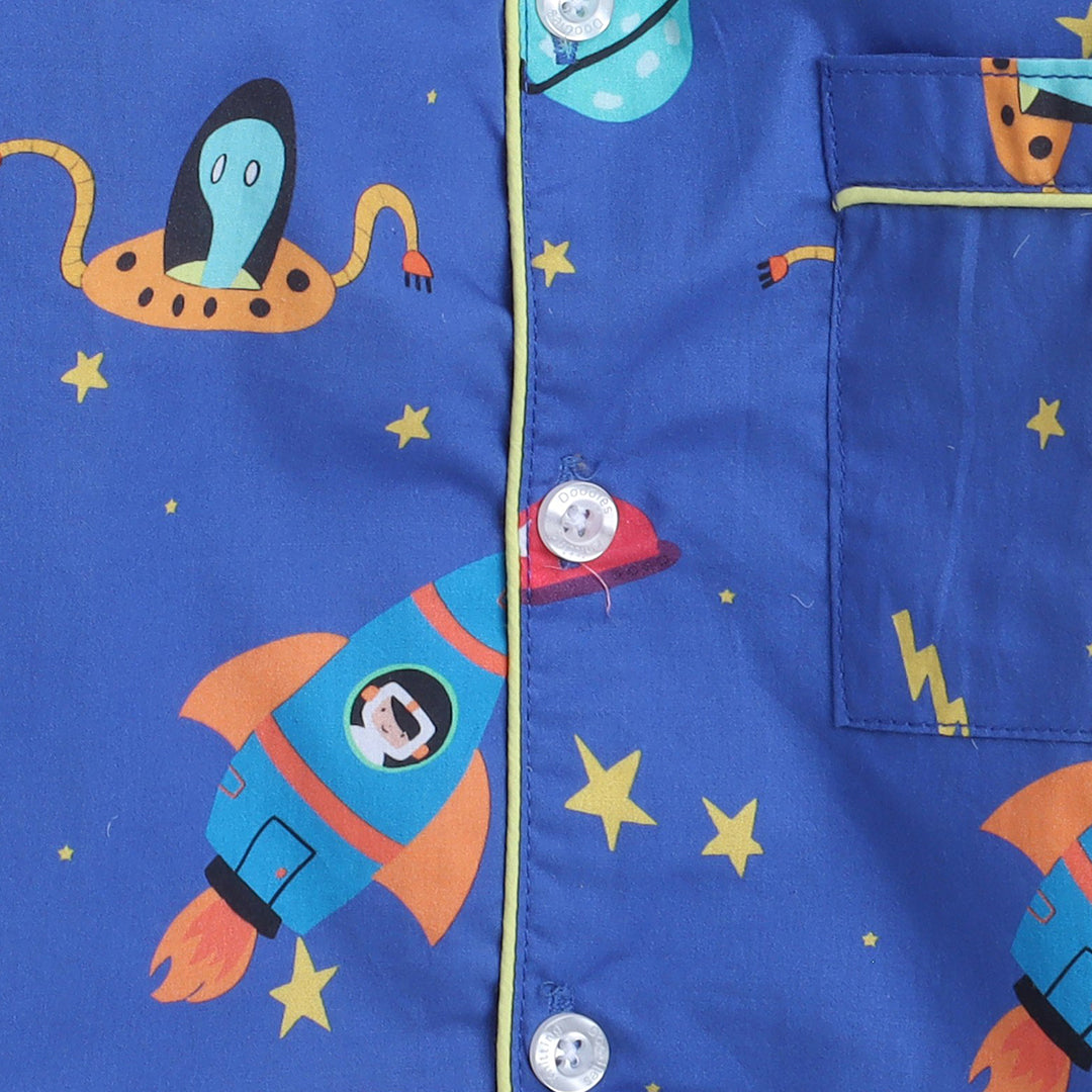 Unisex Premium Cotton Full Sleeves Space Printed Coordinating Night Suit - Blue