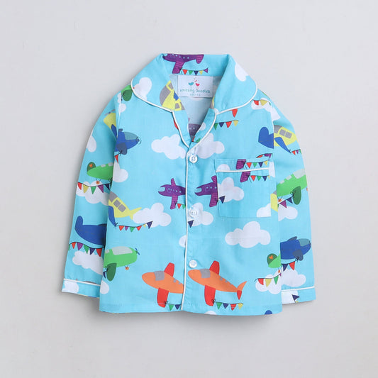Unisex Premium Cotton Kids' Notched Collar Night Suit In Cute Aeroplanes Print- Blue