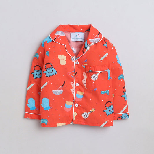 Unisex Premium Cotton Kids' Notched Collar Night Suit In Cute Baker Print- Red