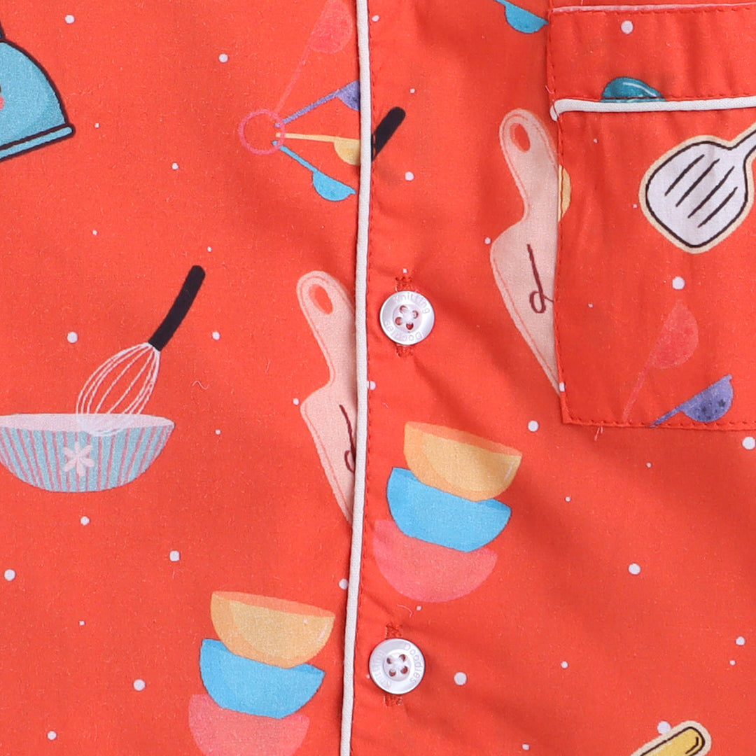 Unisex Premium Cotton Kids' Notched Collar Night Suit In Cute Baker Print- Red