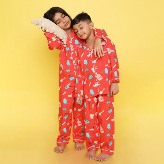 Unisex Premium Cotton Kids' Notched Collar Night Suit In Cute Baker Print- Red