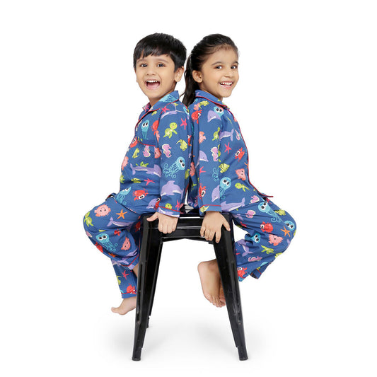 Unisex Premium Cotton Kids' Notched Collar Night Suit In Cute Sea Animals Print- Blue