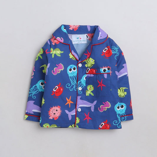 Unisex Premium Cotton Kids' Notched Collar Night Suit In Cute Sea Animals Print- Blue