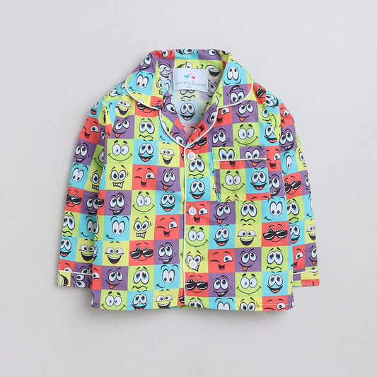 Unisex Premium Cotton Kids' Notched Collar Night Suit In Smart Funny Faces Print- Multi