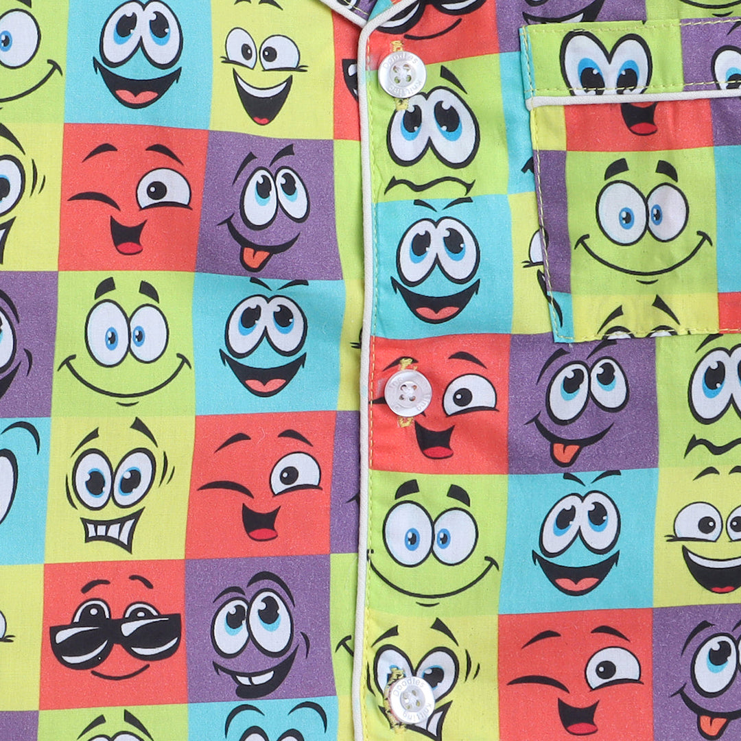 Unisex Premium Cotton Kids' Notched Collar Night Suit In Smart Funny Faces Print- Multi