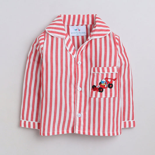 Unisex Premium Cotton Kids' Stripes Night Suit With Smart Racing Car Embroidery On Pocket- Red And White